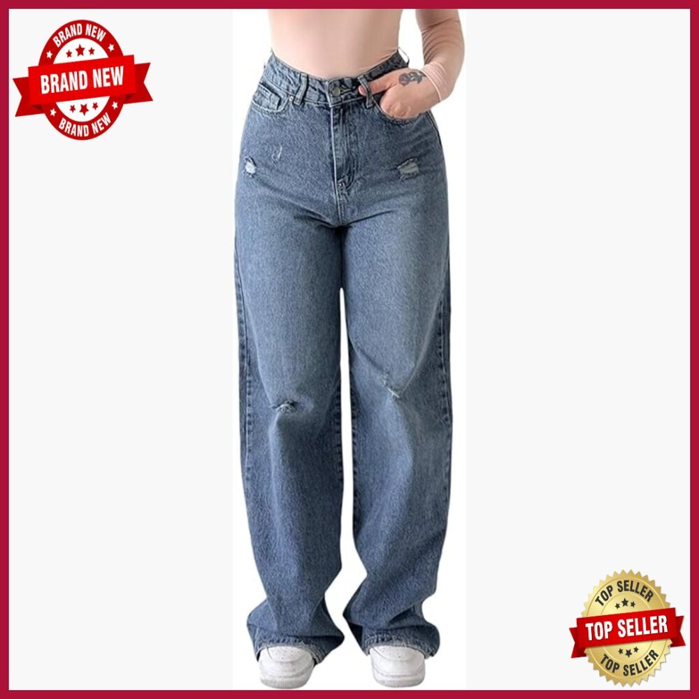Stretch Wide Leg Jeans High Rise Baggy Denim Pants Women's Regular Fit
